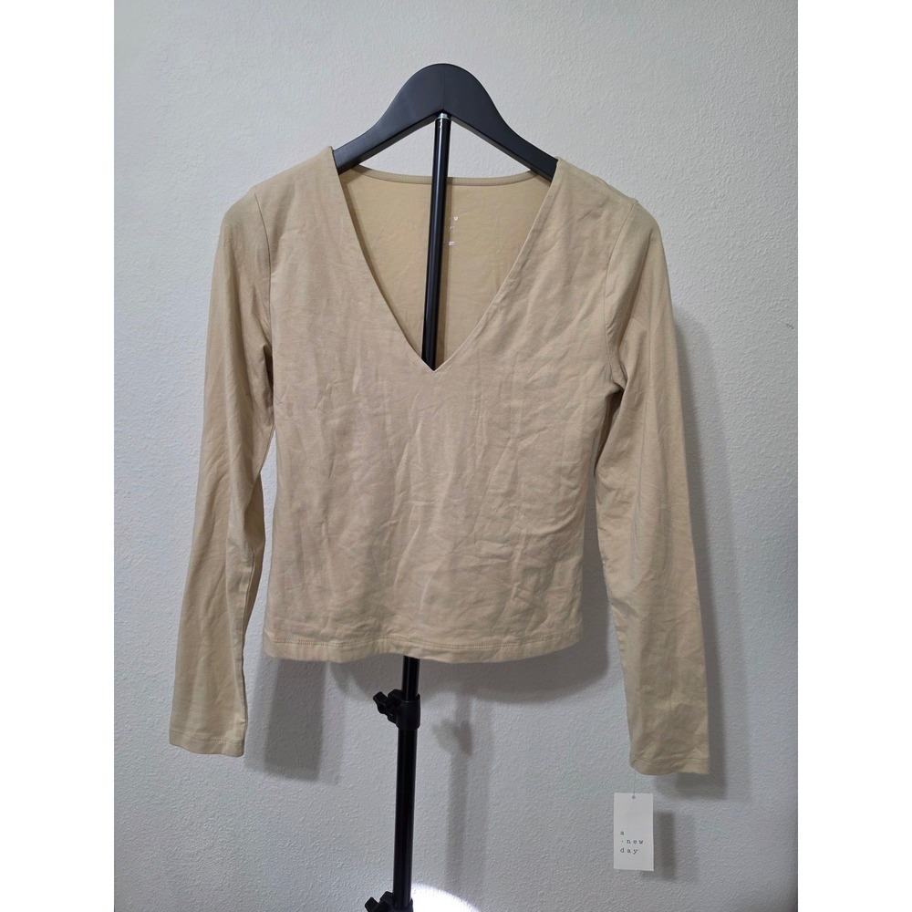 A New Day Womens Tan V-Neck Long Sleeve T-Shirt Size Small G97990